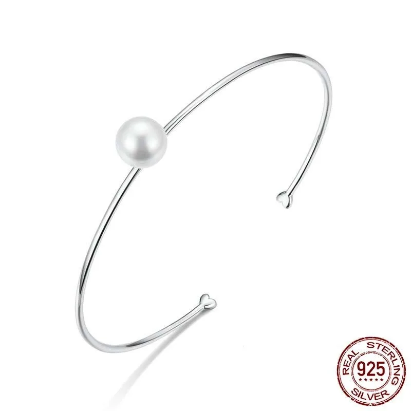 

Genuine 925 Sterling Silver Elegant Pearl Open Bangles for Women Simple Minimalist Jonc Luxury Jewelry Bijoux SCB168