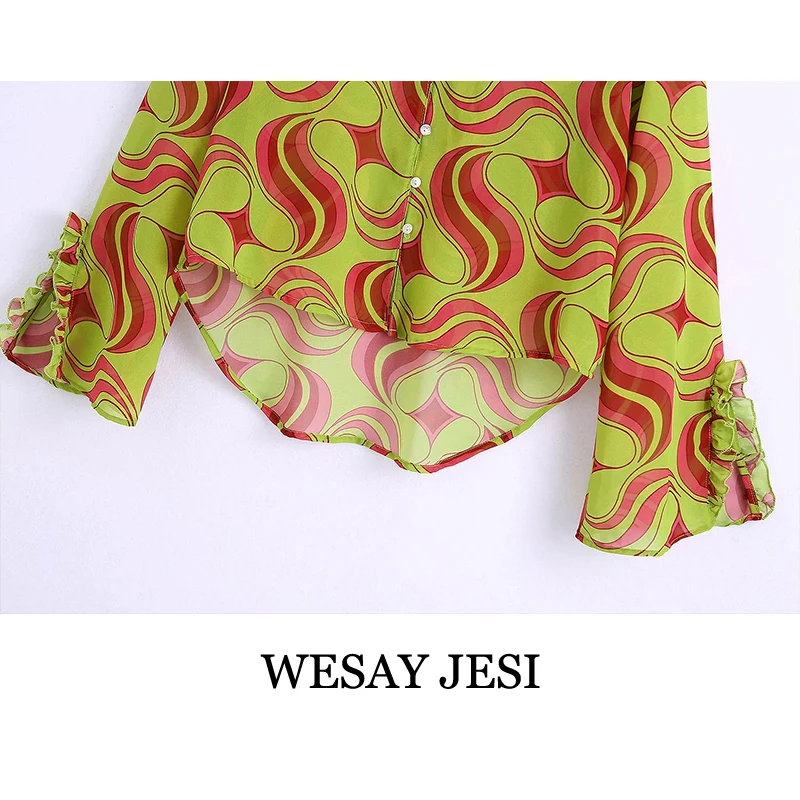 

WESAY JESI Za Women's Clothing 2021 Semi-sheer Geometric Print Ruffled Blouses Vintage Long Sleeve With Vents Female Chic Shirts