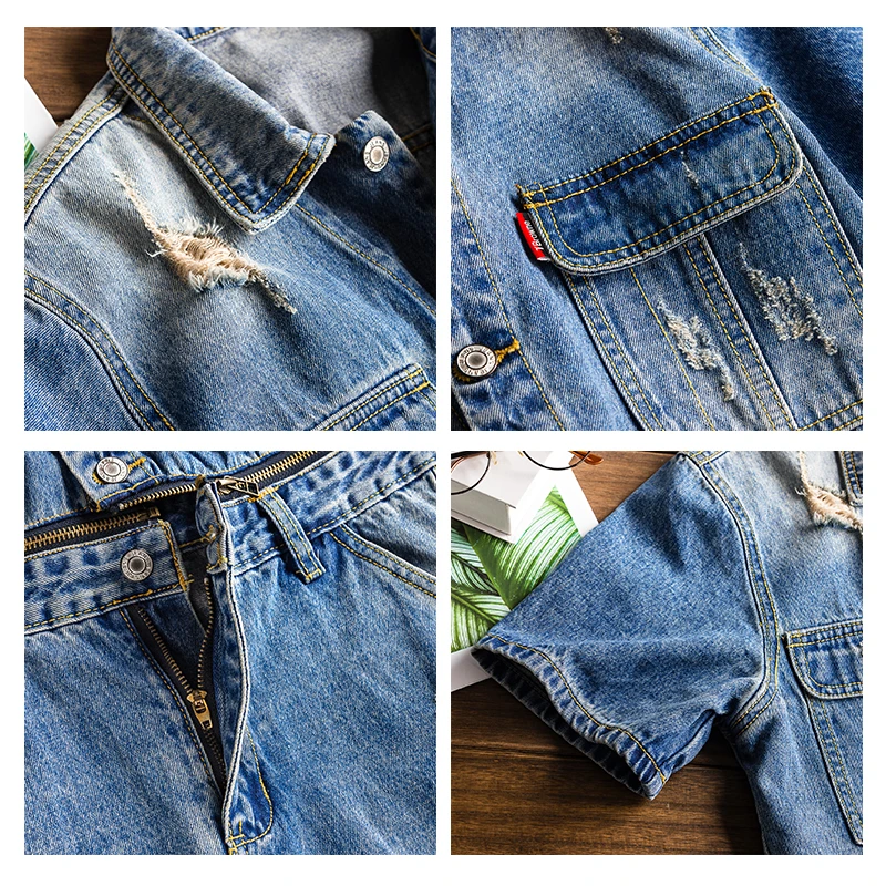 Комбинезон джинсовый мужской с коротким рукавом в стиле хип-хоп светло-голубой |