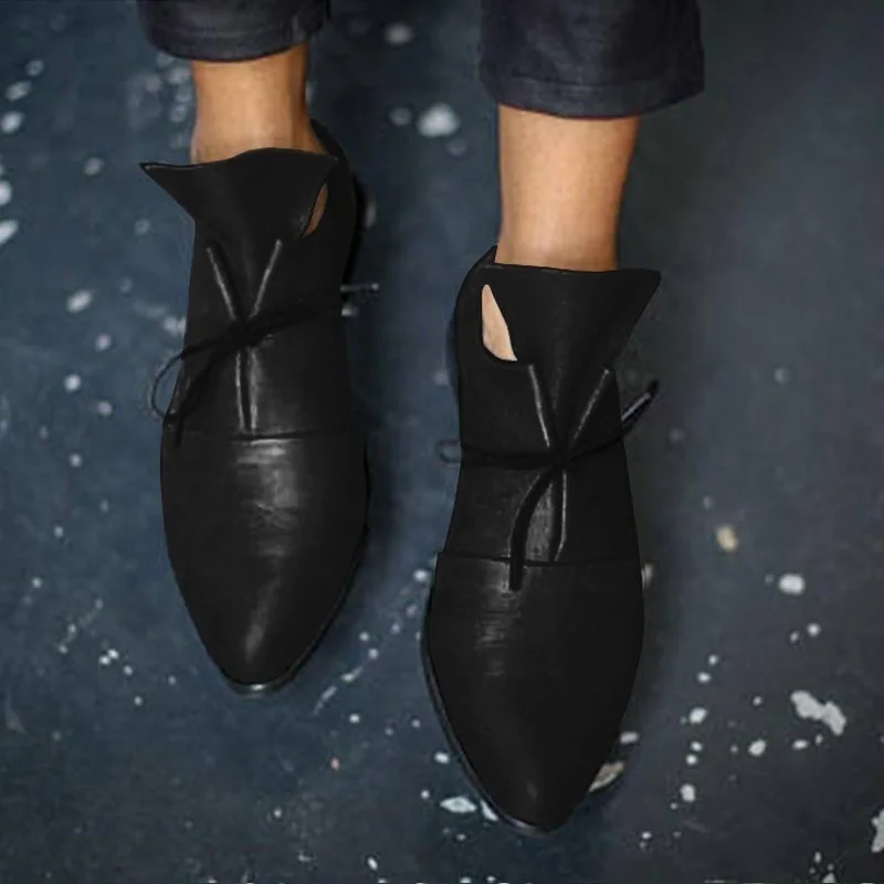 

Women Shoes Lace Up Pu Leather Casual Flats Shoes Ladies Spring Autumn Plus Size Fashion Pointed Toe Vintage Footwear Female