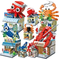 japanese town street scene series octopus shrimp aquatic products shop moc model building blocks bricks toys christmas gifts