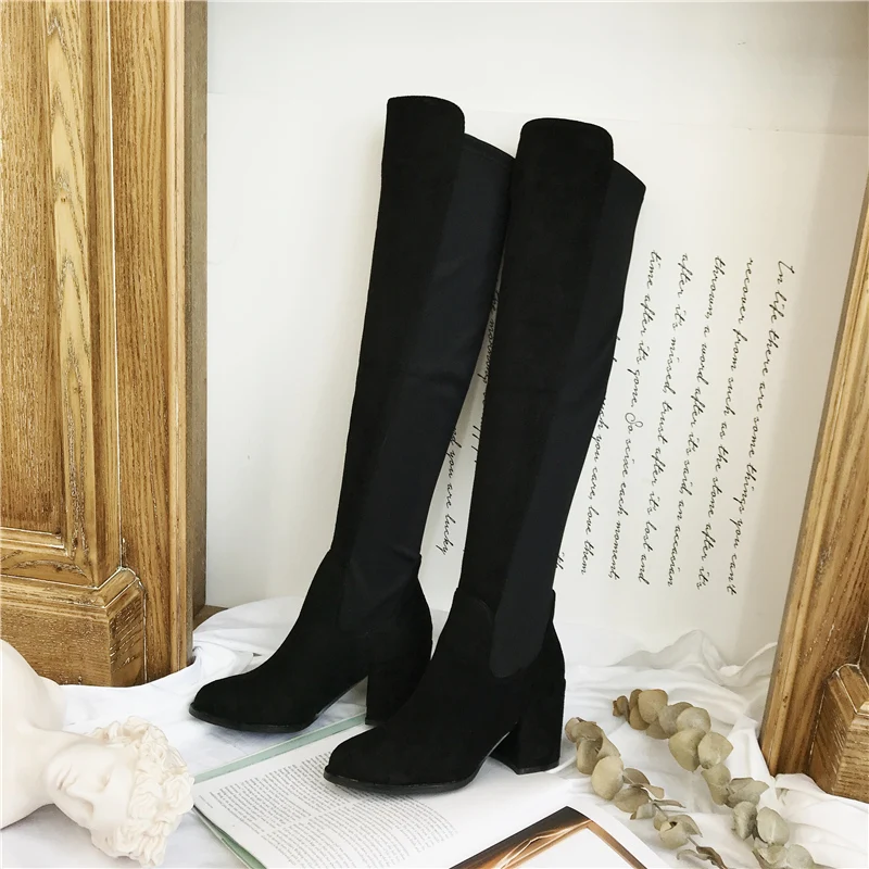 2019 женские замшевые сапоги выше колена на низком квадратном каблуке 7 см Женские