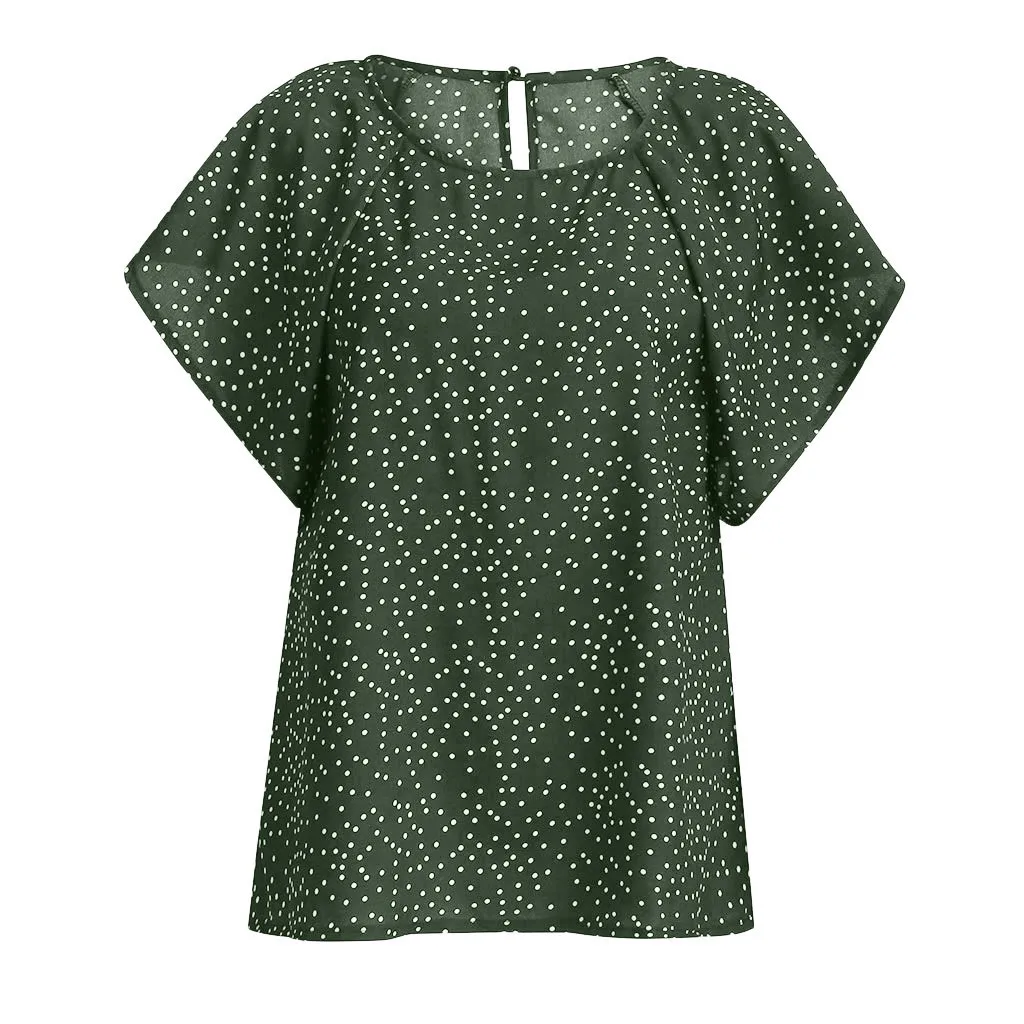 

FREE OSTRICH Chiffon Blouses Women Dots Print Short Sleeve Top Clothing Ladies Elegant Summer Plus Size Ruffle Blouses Tops