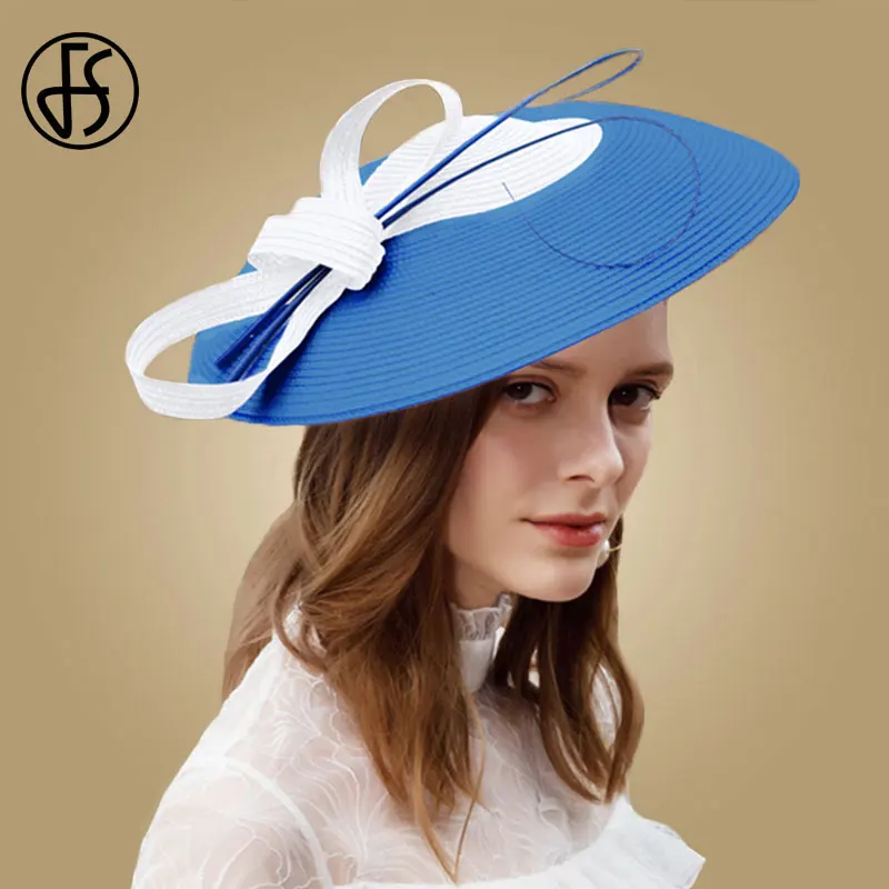 Blue White Fedora Женская соломенная шляпка-«таблетка» FS, винтажная шляпка для церкви и торжественных случаев, черно-белая, летняя - Цвет: Blue White Fedora