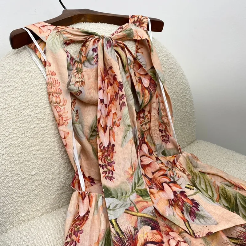 

2021 Summer Top Quality Hot Sale Floral Print Back Self Tie Ladies Elegant Sexy Linen Dresses
