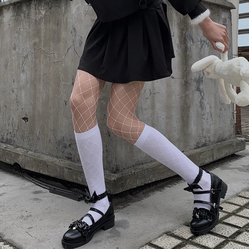 Белые чулки в сетку Для женщин длинные сексуальные ажурные полые колготки панк