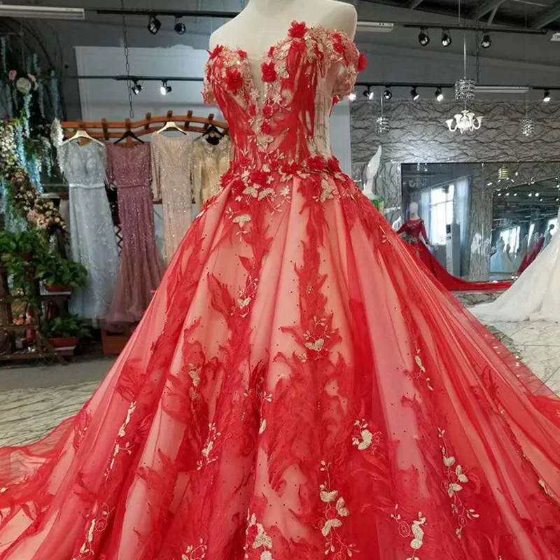 LSS138 bridal wedding party dresses red off the shoulder sweetheart evening long with train celebration | Свадьбы и торжества