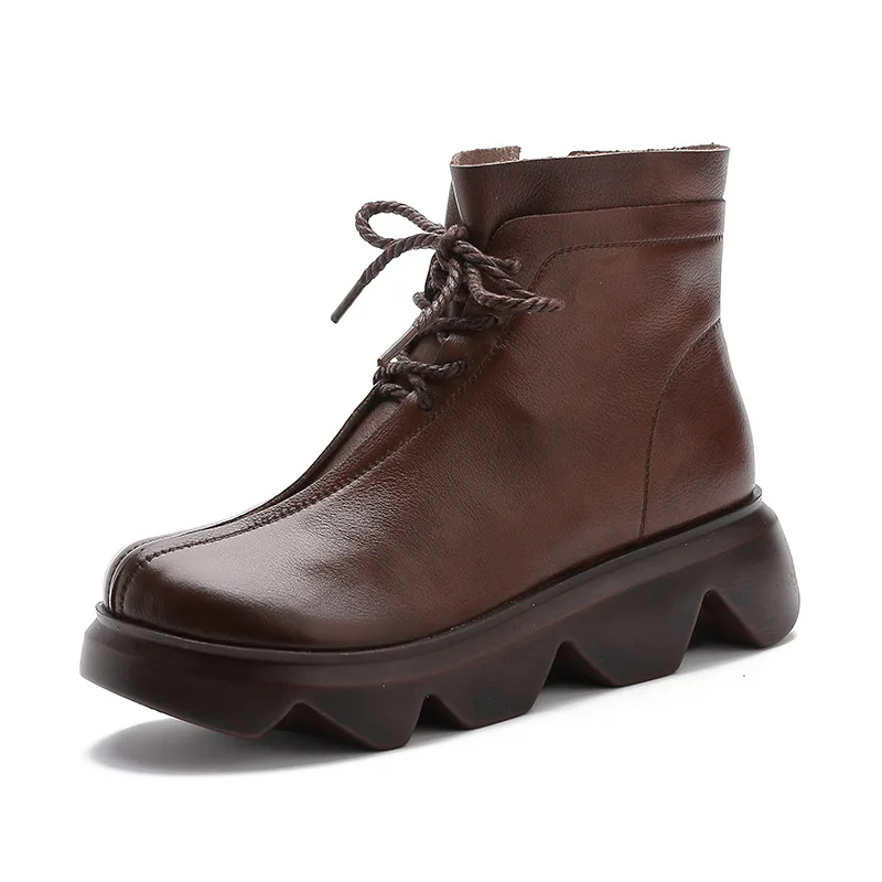 

DM466 2020 Arrival Retro Women Genuine Leather Boots Autumn Side Zipper Ankle Boots Women Wedges Platform Boots Bota Feminina