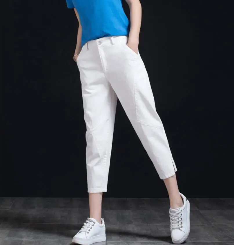 

Loose-Fit White Jeans Women 2021 Spring Summer High Waist Thin Capri Pants Fashion Casual Denim Harem Pants Plus Size s1107
