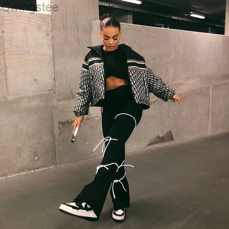 

Reflective Rope Women Boot Cut Pants Fashion Street Style Baddie Clothes Trousers Tie Up Black Skinny Hight Waist Pants