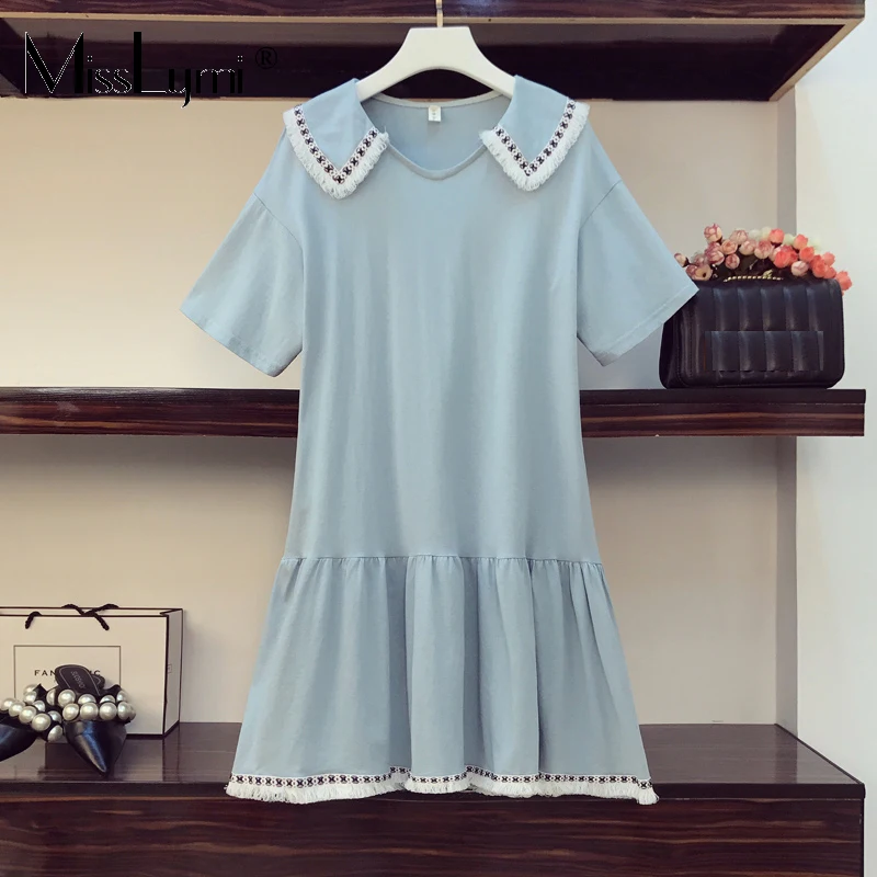 

L-5XL Plus Size Women Loose Ruffle Dresses Summer 2021 Indie Folk Peter pan Collar Short Sleeve Casual Laides Tassel Dress Blue