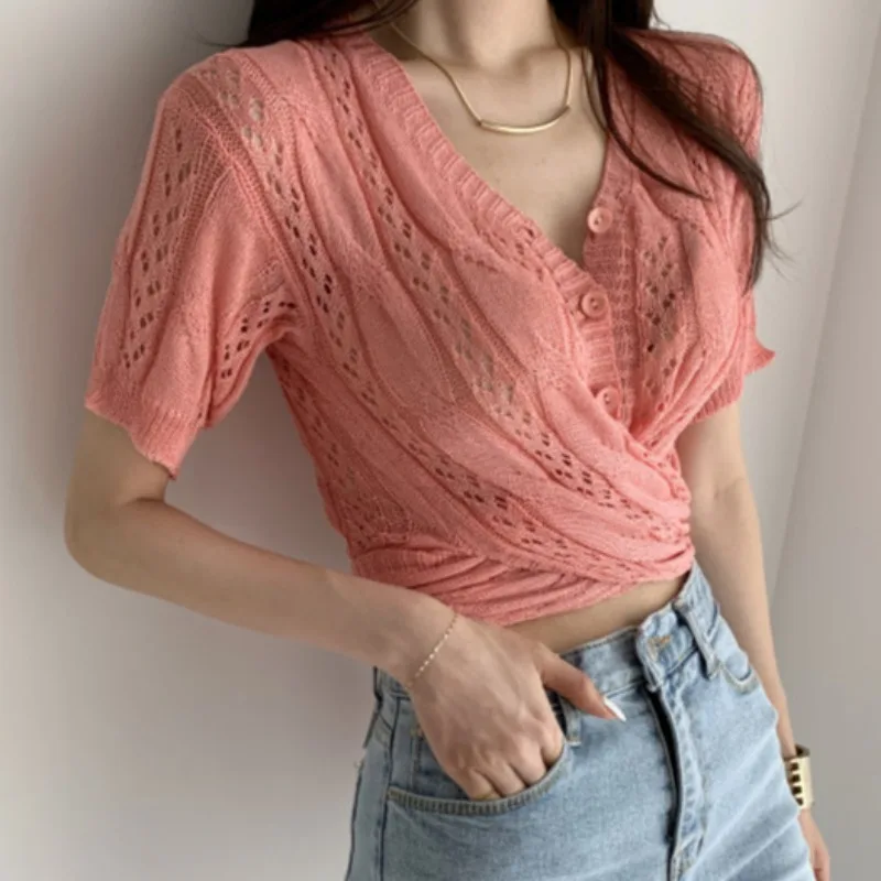 

Summer New Korean Chic Style Design Twisted Waist Hollow Twist Short Sleeve Knitwear Short Sleeve Top for Women