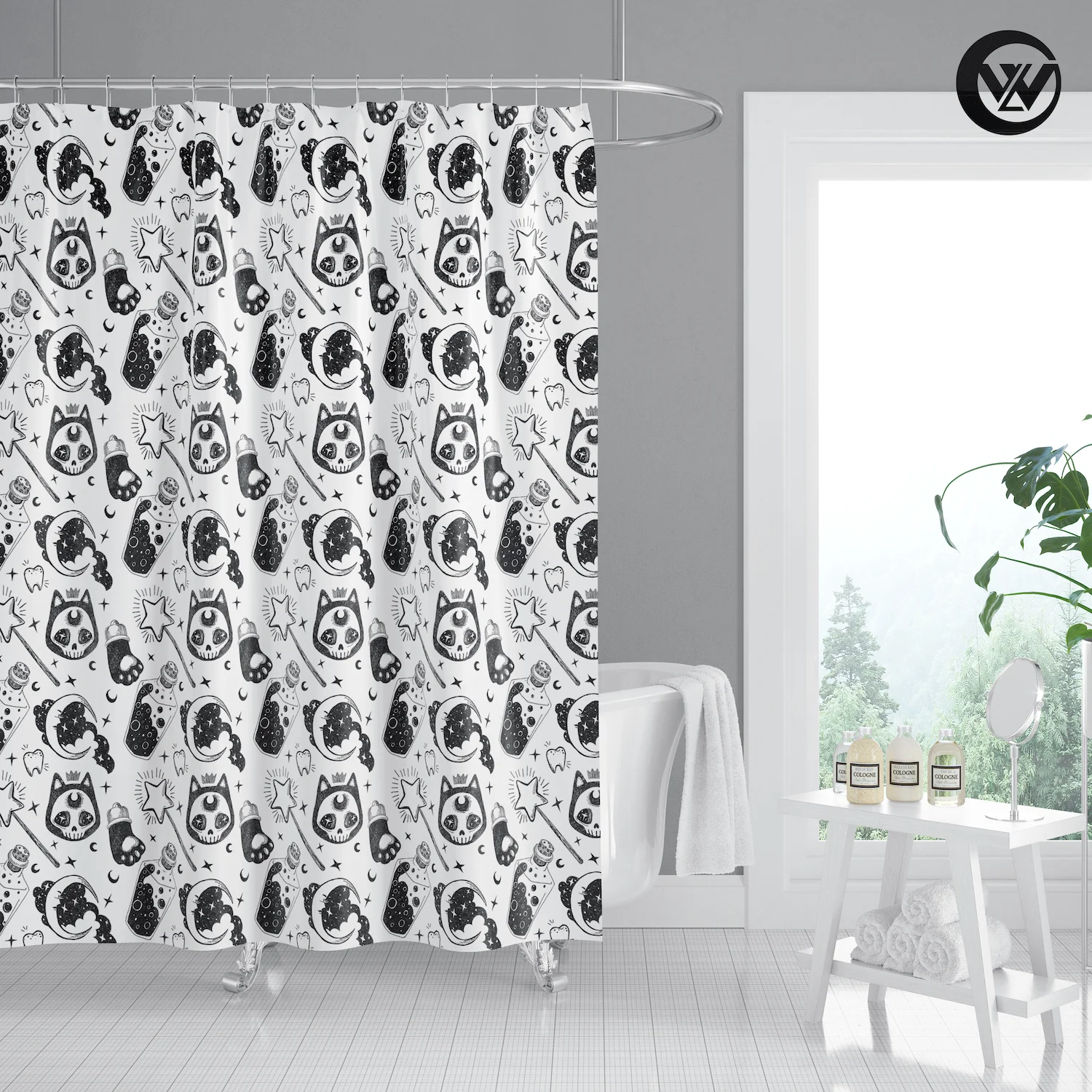 Modern Polyester Black Skull Cat Fairy Stick Bathroom Accessories Sets,
Waterproof Creative Design Bath Shower Curtain Liner