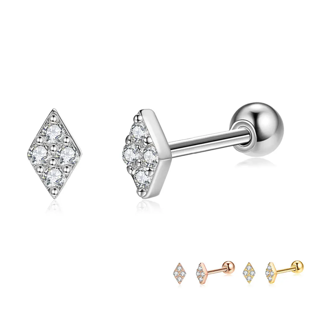 

SILVERHOO Geometric Rhombus 925 Sterling Silver Stud Earrings For Women Full Clear Cubic Zirconia Small Earring Party Jewelry