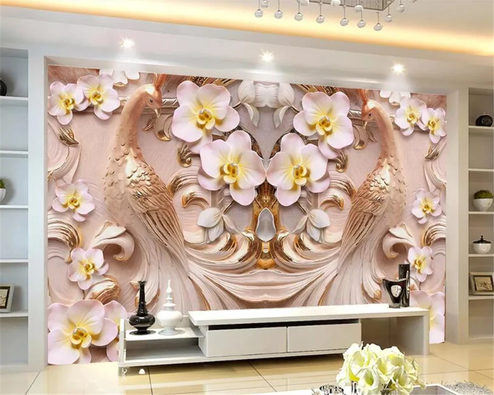 

Drop Shipping Wallpaper For Living Room 3D Peacock Phalaenopsis TV Background Wall Orchid Decorative Papel Pintado 3d Wallpaper