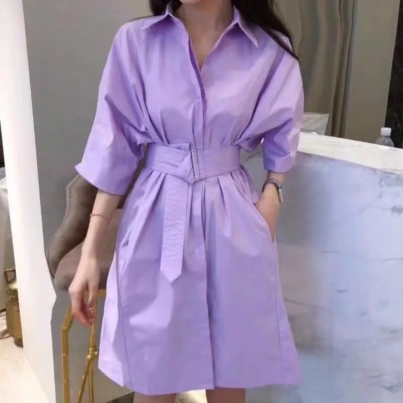 

Женское платье-рубашка с поясом, повседневное короткое платье с отложным воротником и коротким рукавом, в стиле ретро, лето 2022
