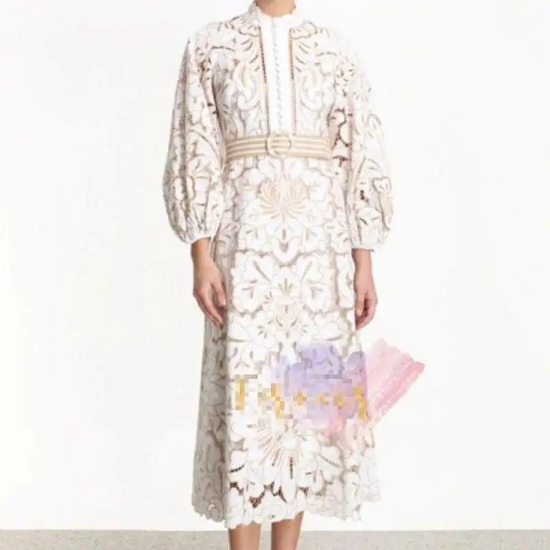 Getвесеннее женское платье с рукавами фонариками и стоячим воротником кружевные