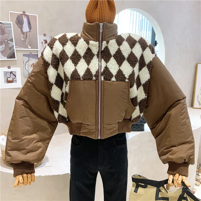 

Новая женская одежда, осень-зима 2021, клетчатая стеганая хлопковая куртка из овечьей шерсти, короткая одежда с хлопковой подкладкой, пальто