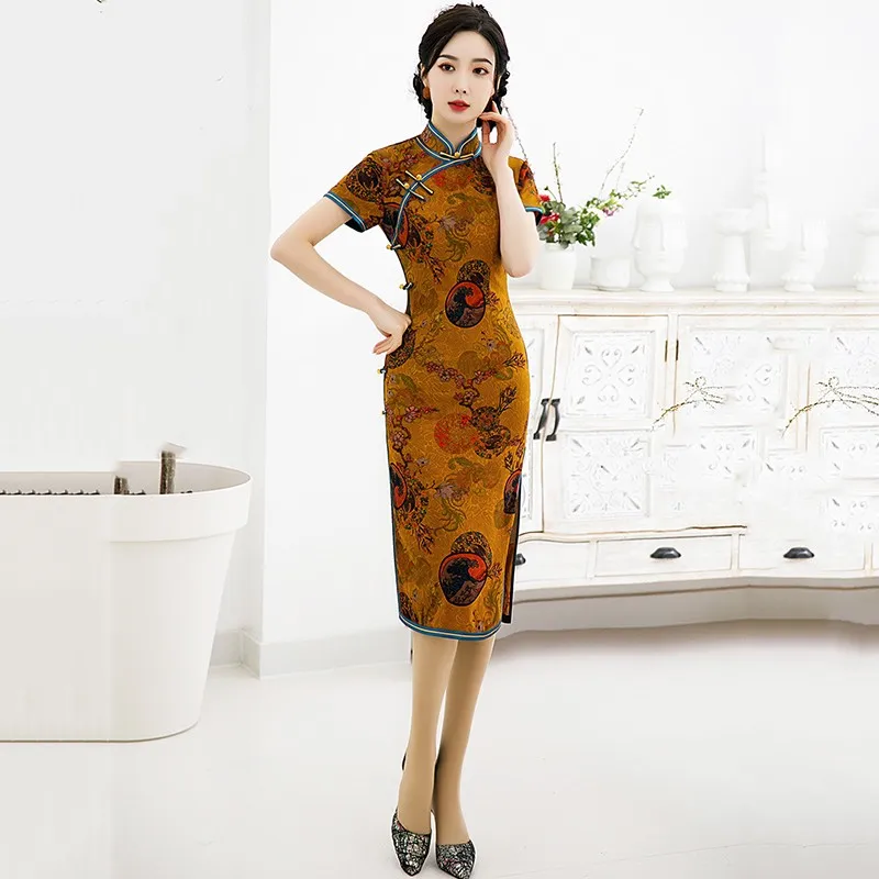 

Exquisite Chinese Style Print Qipao Dress Women Vintage Button Trim Sexy Slim Cheongsam Elegant Medium Length Oriental Dresses