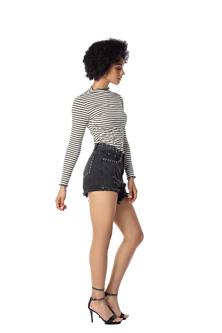 

Milalit Solid Black Slim Fit Oversize Short Jeans Rivet Decorative Cutoff Straight Shorts Bottoms for Woman Summer Wear