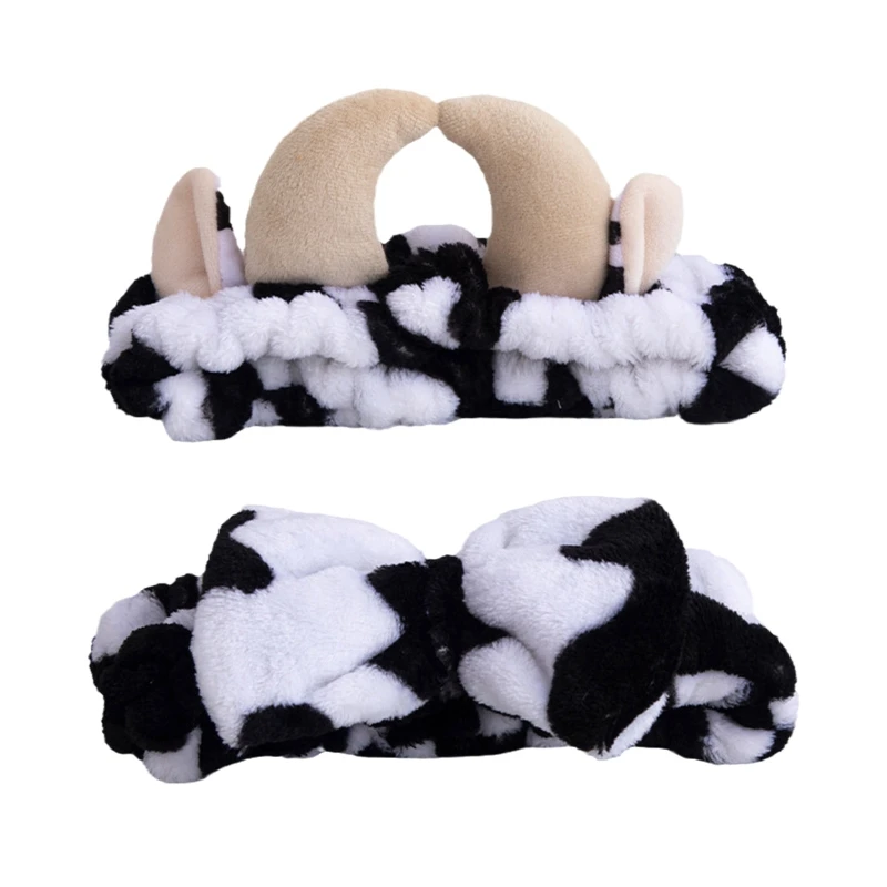 

New Cow Headband Bow Horns Flannel Bandana Face Makeup Hairband Elastic Holder