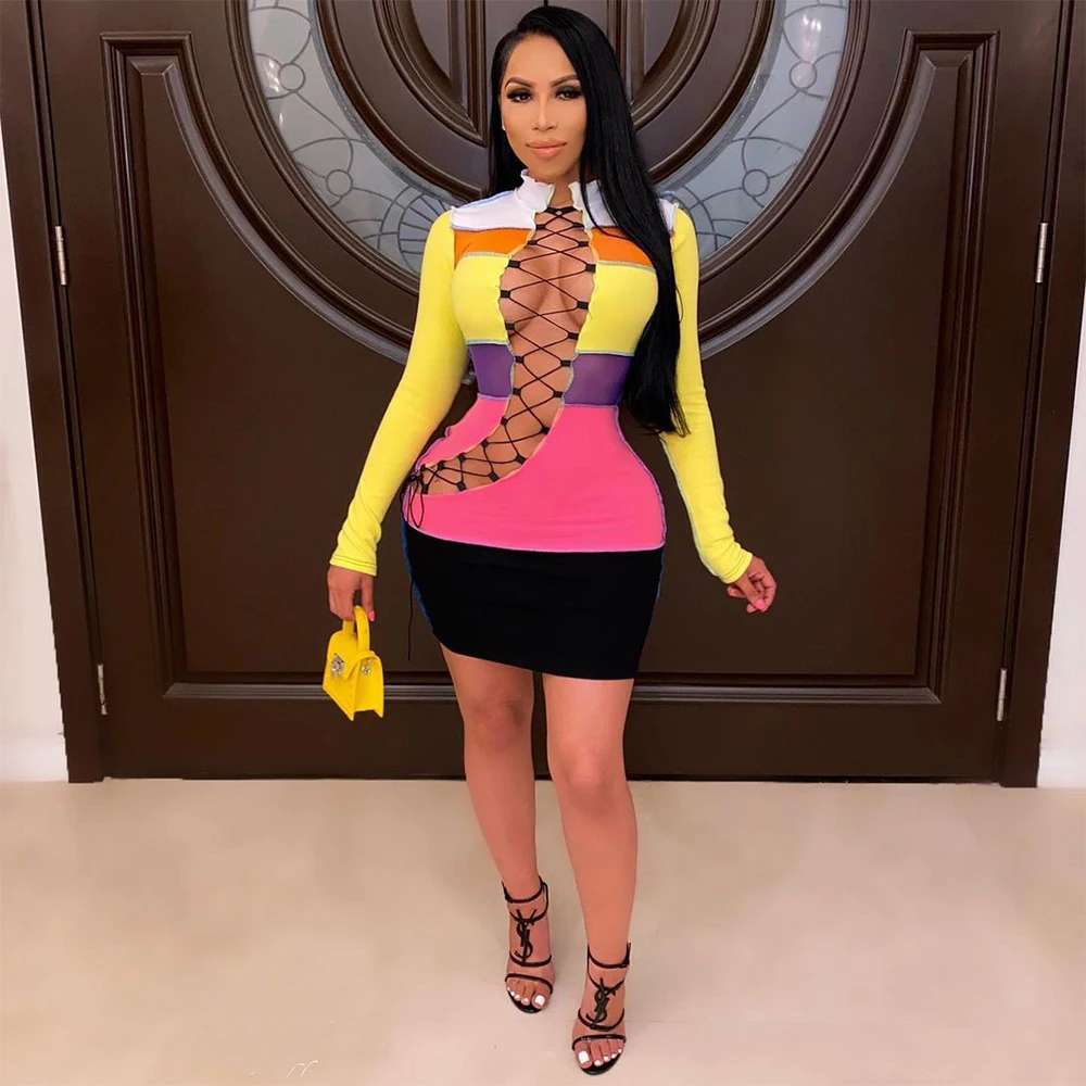 

Цвет блок со вставками; Модные вечерние Клубное платье для женщин на шнуровке пикантные открытые с длинным рукавом платье-футляр в стиле Ха...