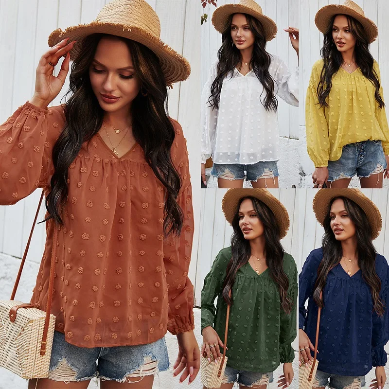 

Casual Solid Color Chiffon Blouse Women Loose V Neck Long Sleeve Streetwear Shirt Spring Summer Female New Vintage Fashion Shirt