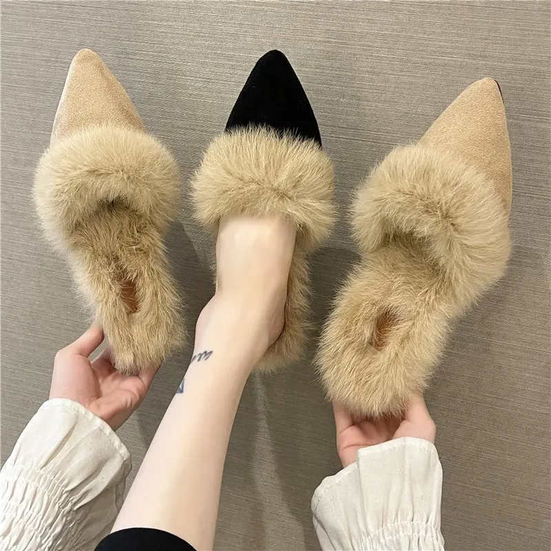 

Pointed Toe Shoes Womens Slippers Outdoor Heeled Mules Pantofle Slides Med Fur Flip Flops Square heel Flock High 2021 Plush Cove