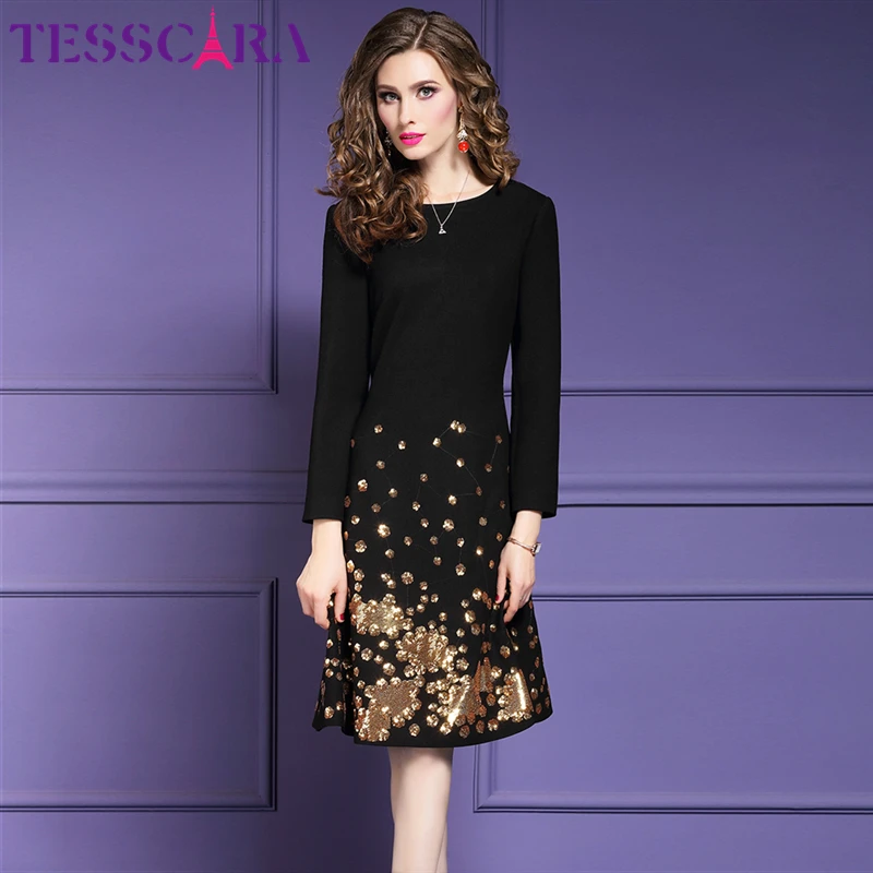 Женское осенне-зимнее роскошное офисное платье TESSCARA с блестками женское