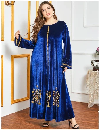 

Velvet Gold Thread Embroidery Maxi Dress Winter 2021Royal Blue Women O Neck Long Sleeve Modest Muslim Arabic Clothes