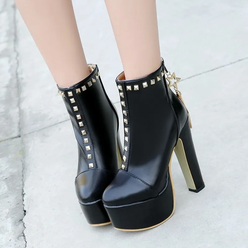 

Women's Boots New Winter Fashion Round Head Zipper High Heel Short Tube Martin Women's Shoes Plus Size 31-48 Heel Height 14cm