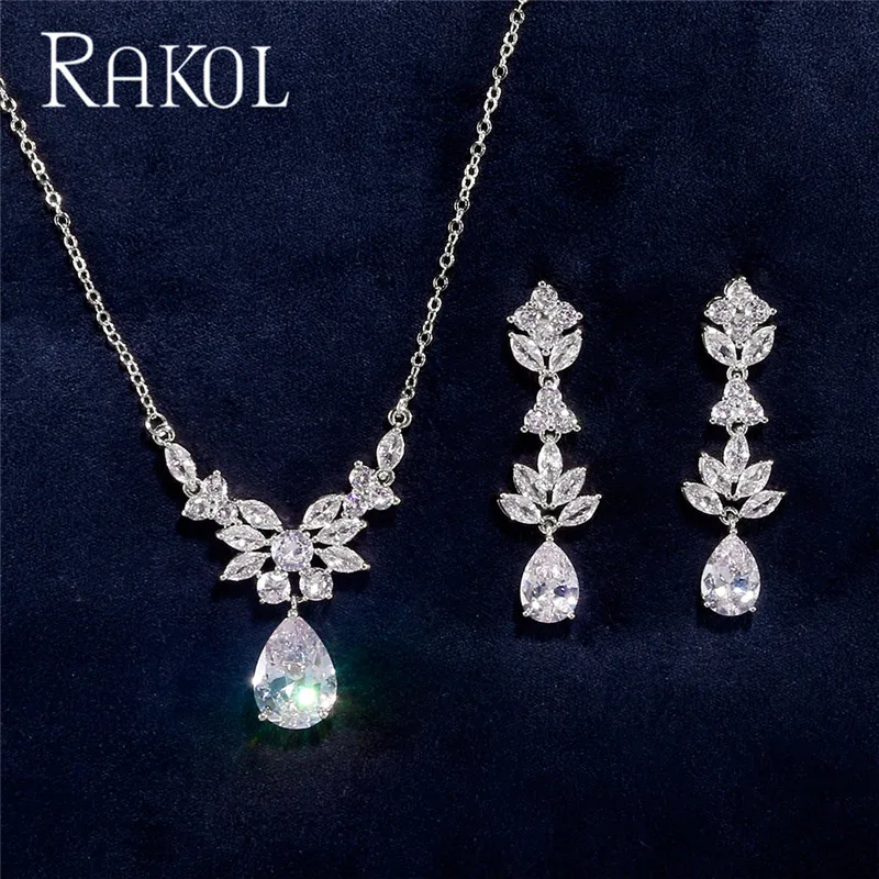 Новинка модное ожерелье RAKOL с кубическим цирконием на задней цепочке серьги