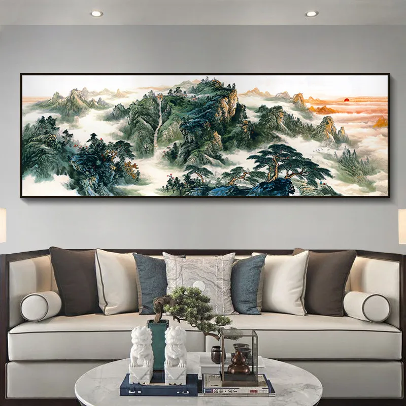 

Chinese Style Mountain Landscape Canvas Abstract Oil Painting Poster Print Wall Art Picture for Living Room Home Office Decor