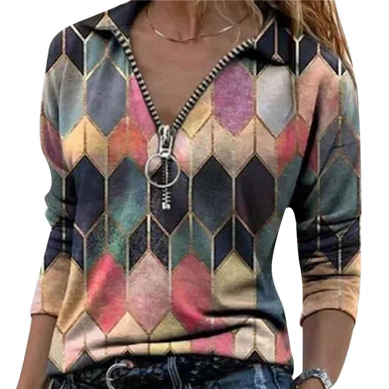 Модный базовый пуловер с отворотом топ геометрическим ромбовидным принтом на