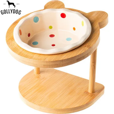 

Cute Pets Double Bowl Dog Cat Food Water Feeder Stand Raised Ceramic Dish Bowl Wooden Table Pet Supplies