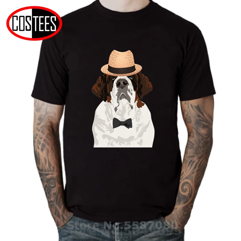 

2019 England style Summer Funny Gentleman Saint Bernard Dog T shirt men Dog Lovers Idea gift T-shirt animal printed Tshirt homme