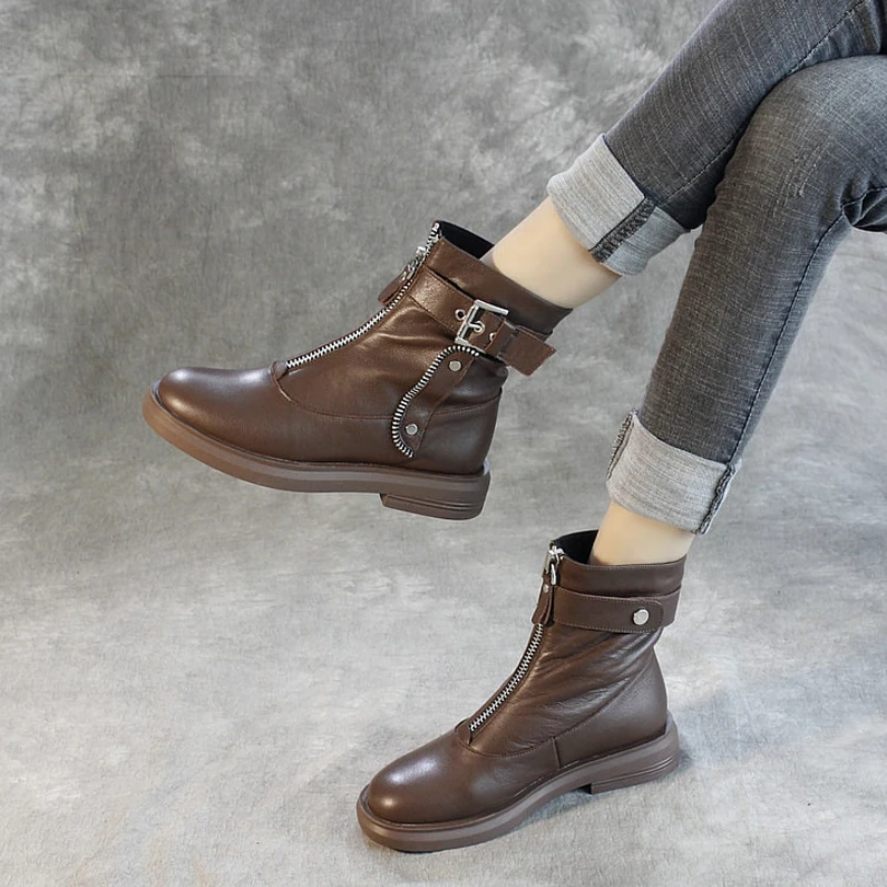 Женские ботинки из натуральной кожи Черные ботильоны на молнии и низком каблуке