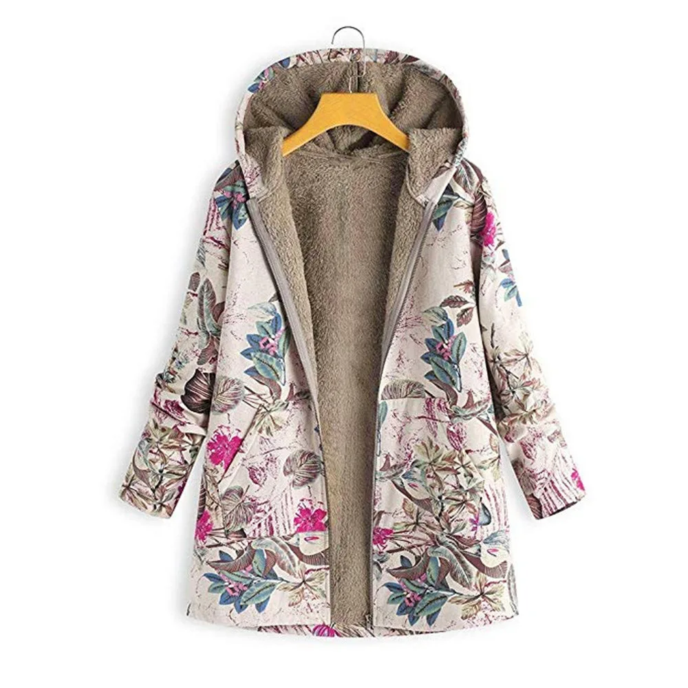 Women's Jacket Cotton and Linen Sweater Plus Velvet Thick Warm Cotton Jacket Hot Sale Floral Print Hooded Plush Jacket Women