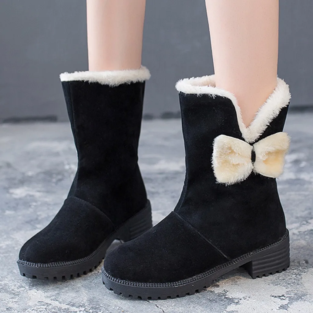 2019 женские зимние ботинки с круглым носком замшевые бантом Теплые ботильоны