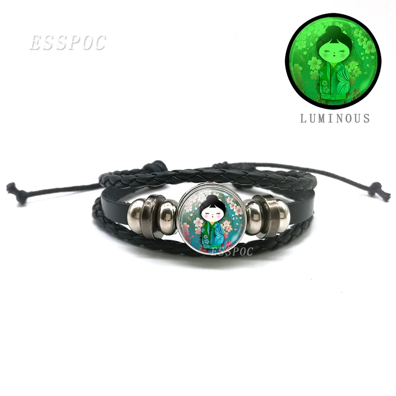 Винтажный светящийся в темноте русская кукла черный кожаный браслет стеклянный