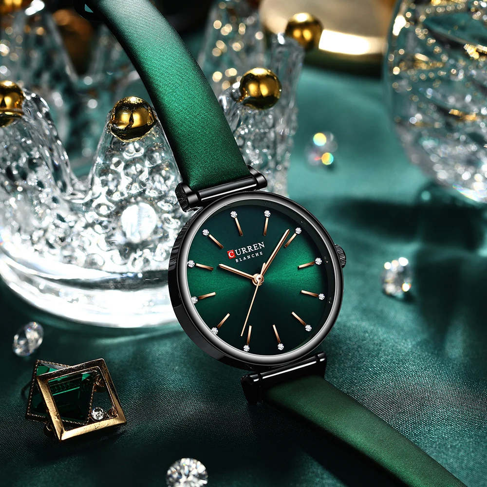 

CURREN Women's Watches New TOP Brand Luxury Quartz Wristwatch with Leather Shiny Rhinestones dial Green Clock Female