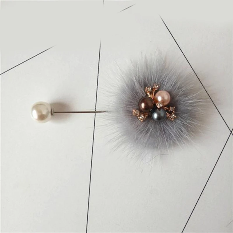 Женская Брошь в виде цветка имитирующей жемчуг с меховым помпоном для пирсинга