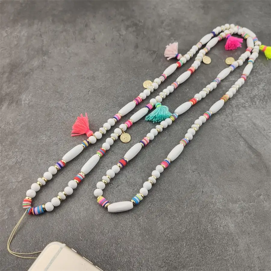 Бохо белый цвет деревянная бусина ручной работы ожерелье ID Рабочая карта Веревка