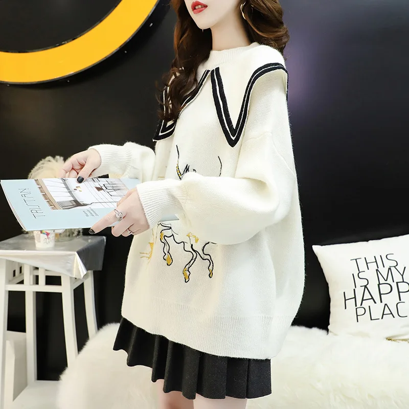 

Pullover sweater women's doll collar loose large size lazy wind embroidered coat