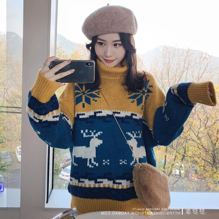

New Casual Knit Sweater Women Christmas High Collar Turtleneck Female Snow Loose Sweater