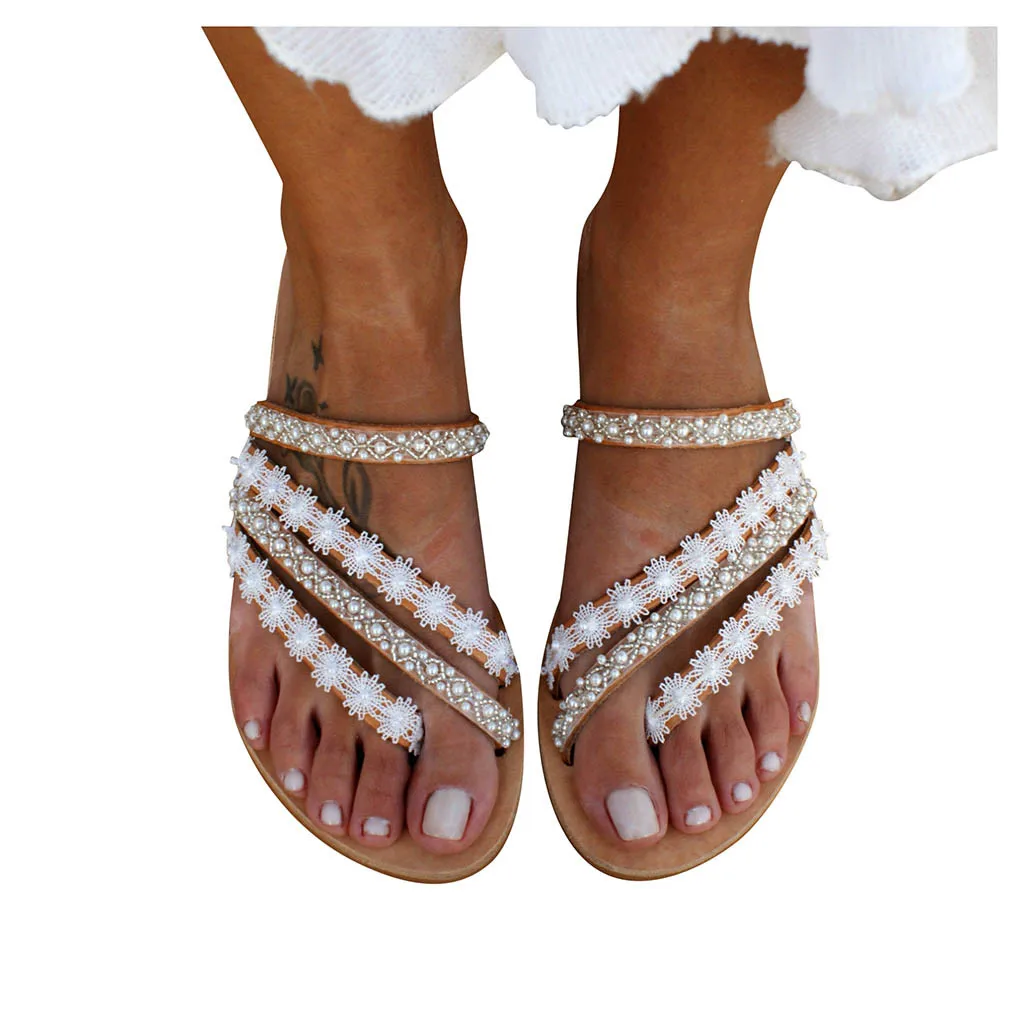 Сандалии женские с жемчужинами босоножки на плоской подошве без застежки