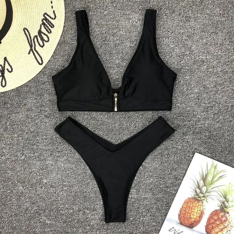 

2021 Sexy Solid White Black Bikini Zipper Push Up Swimsuit Swimwear Women Push-up Bikinis Set Brazilian Thong Swim Bathing Suit