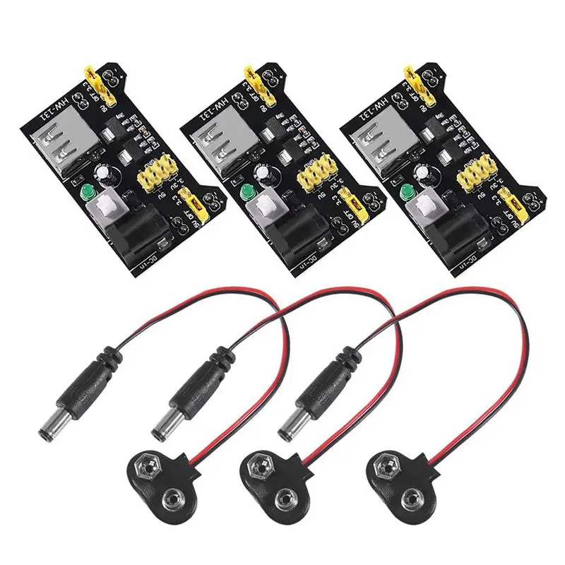 3Pcs 3.3V 5V MB102 Беспаячная плата питания макетной платы с модулем питания от аккумулятора 9V и кабелем с зажимом 2.1x 5.5mm Мужской для Arduino.