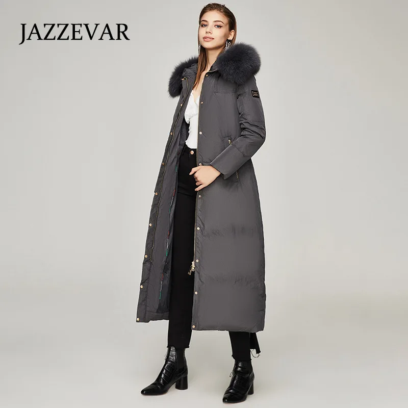 JAZZEVAR Fox Fur Collar Down Jacket Women 2022 Winter New White Duck  Long Section Over-the-knee Thick Coat