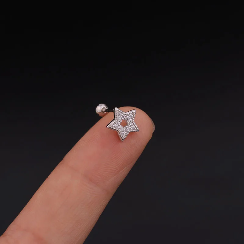 1pc Silver Color Star Crystal CZ Cartilage Piercing Stud Earrings Helix For Women Jewelry Tragus Rook Earlobe Screw Back Earring | Украшения